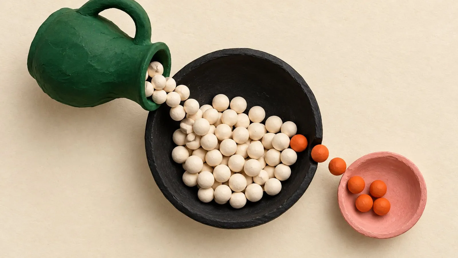Clay pot pouring beads into a bowl while a few roll into a small dish, showing costs taken from each sale