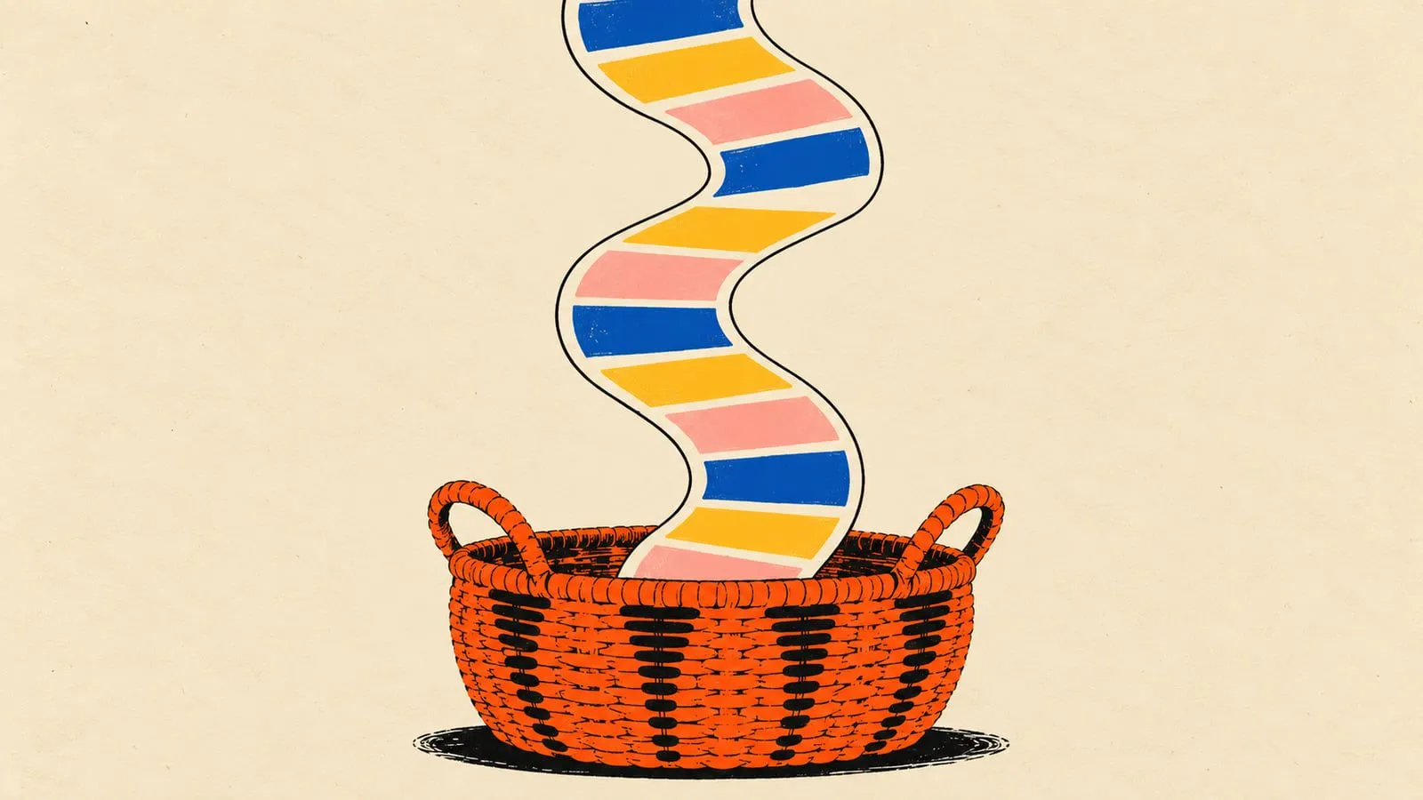 Screenprint of a market basket unrolling a long ribbon of twelve panels, the year of costs behind an online store