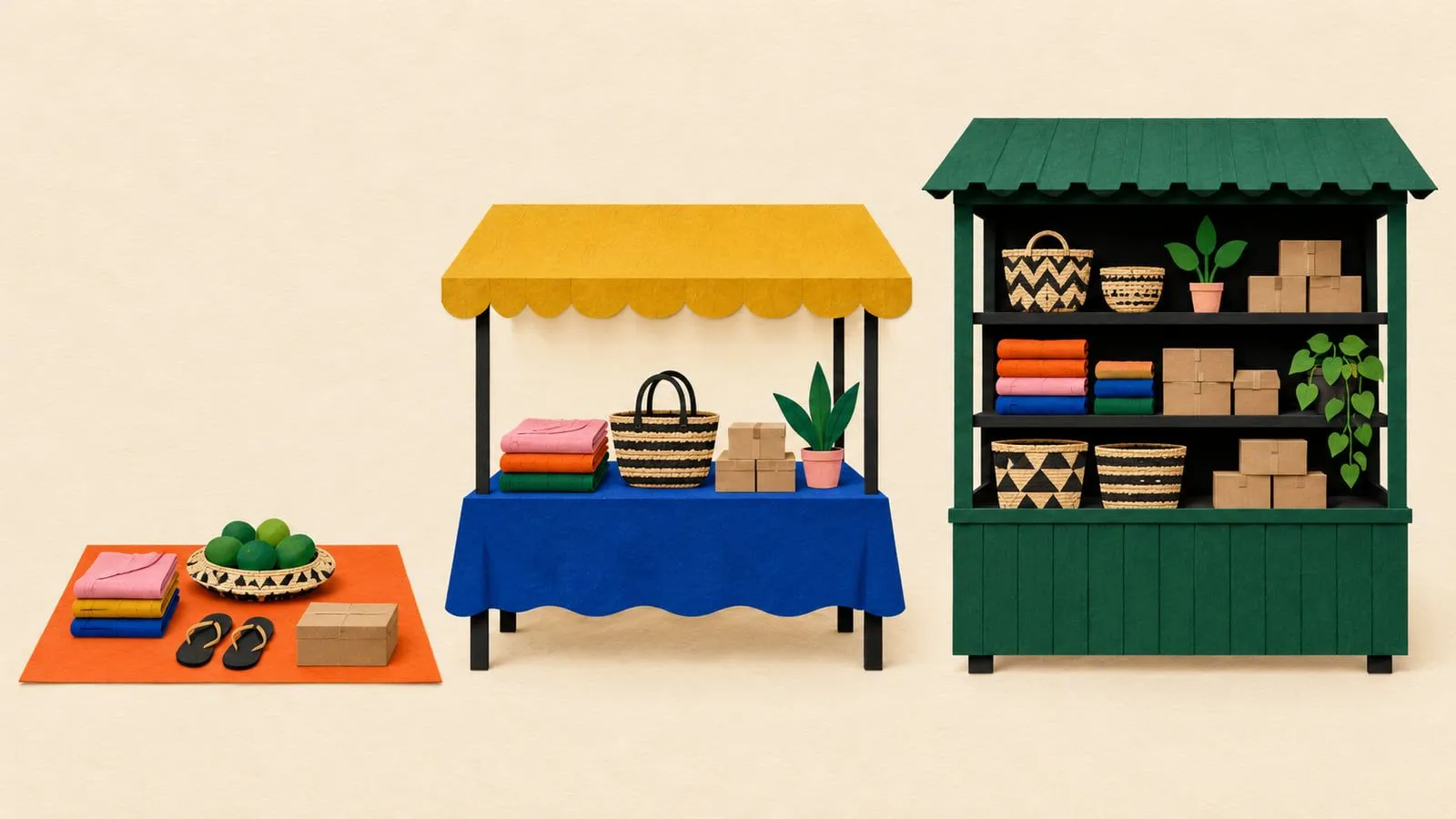 Cut-paper mat, awning table and kiosk in a row, showing three store tiers that grow in scope and price
