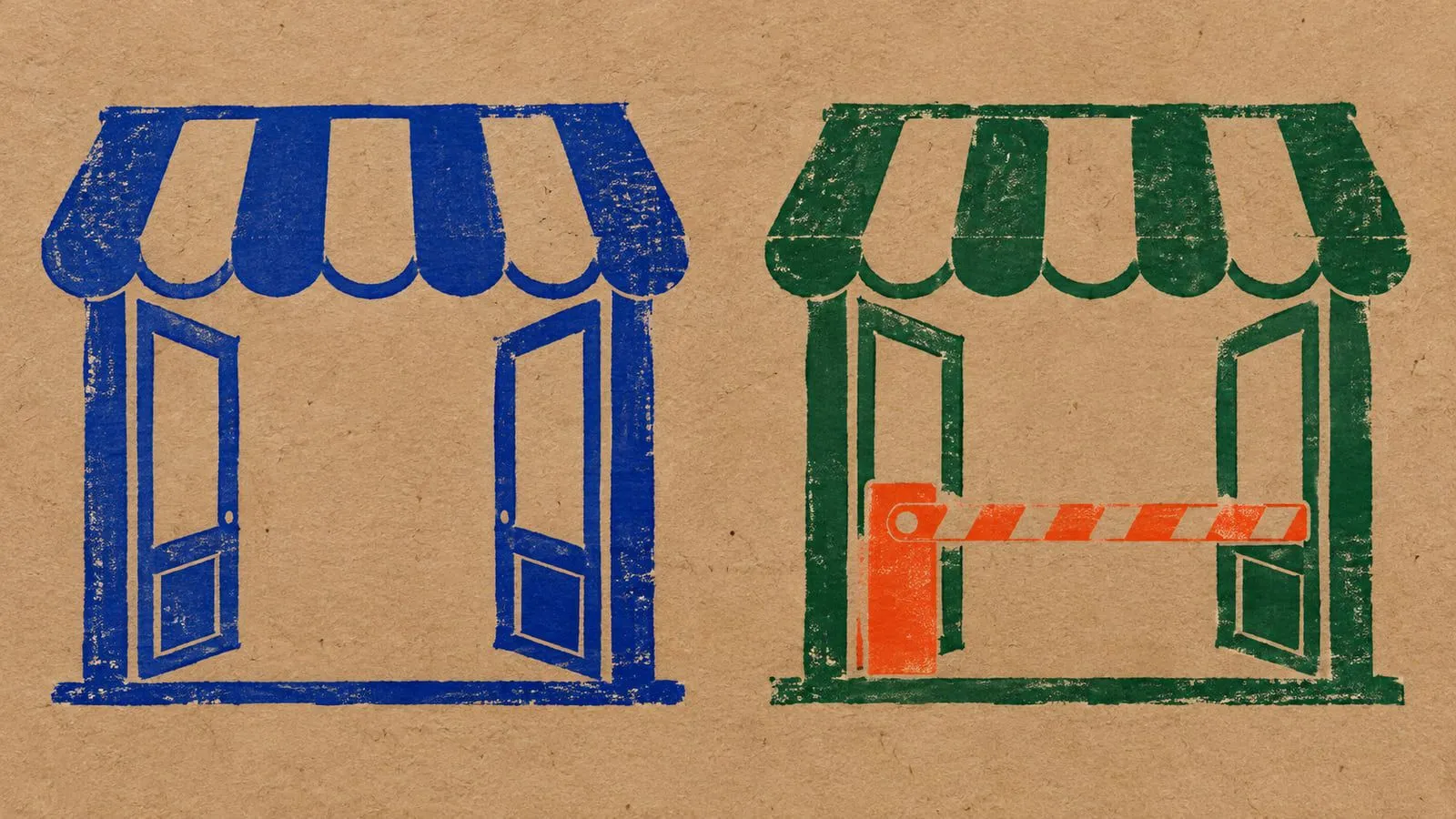 Two stamped shop doorways on kraft paper, one with an extra orange gate, showing a platform fee added to each sale