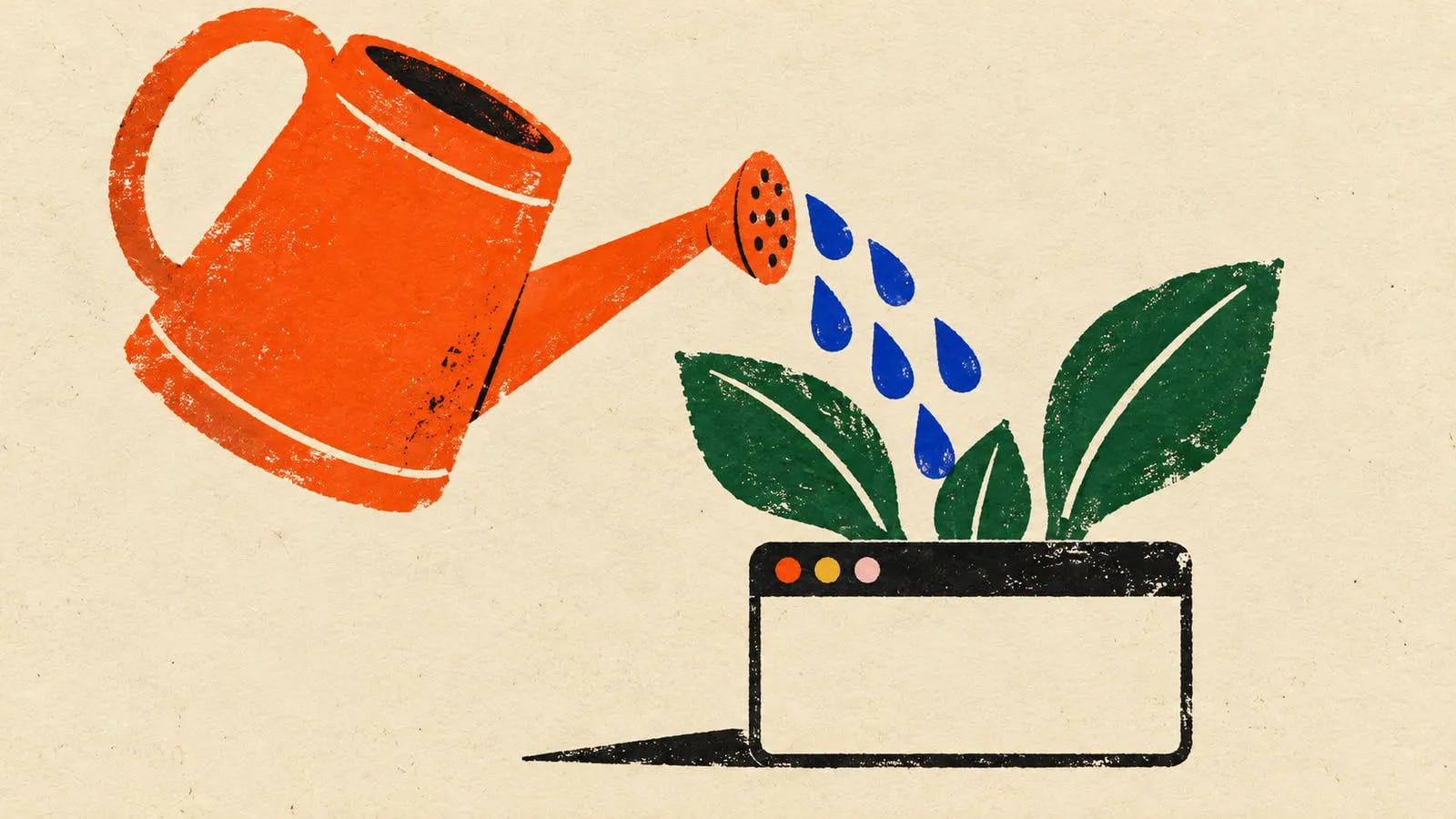 Screenprint of an orange watering can pouring blue drops on a browser window that sprouts leaves, showing ongoing care