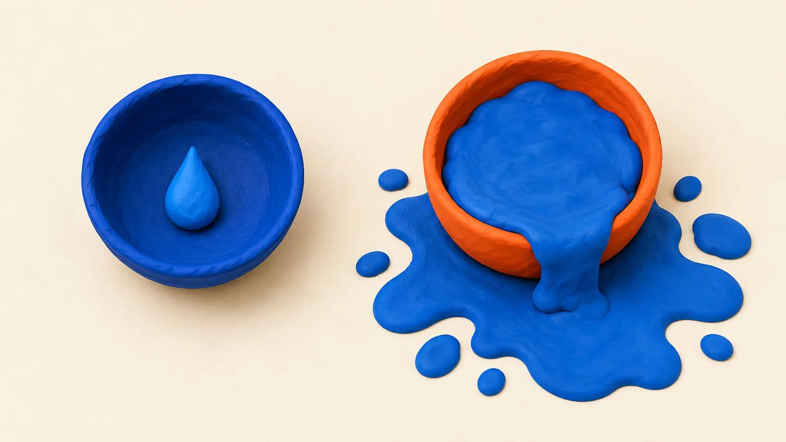 Two clay bowls, one holding a single drop and one overflowing, comparing a small fix now with a large repair later