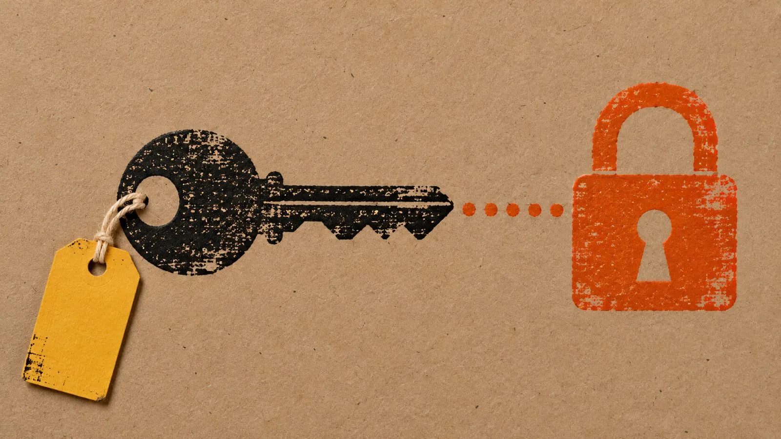 Stamped key and padlock joined by a dotted line on kraft paper, showing the owner keeping the site's accounts