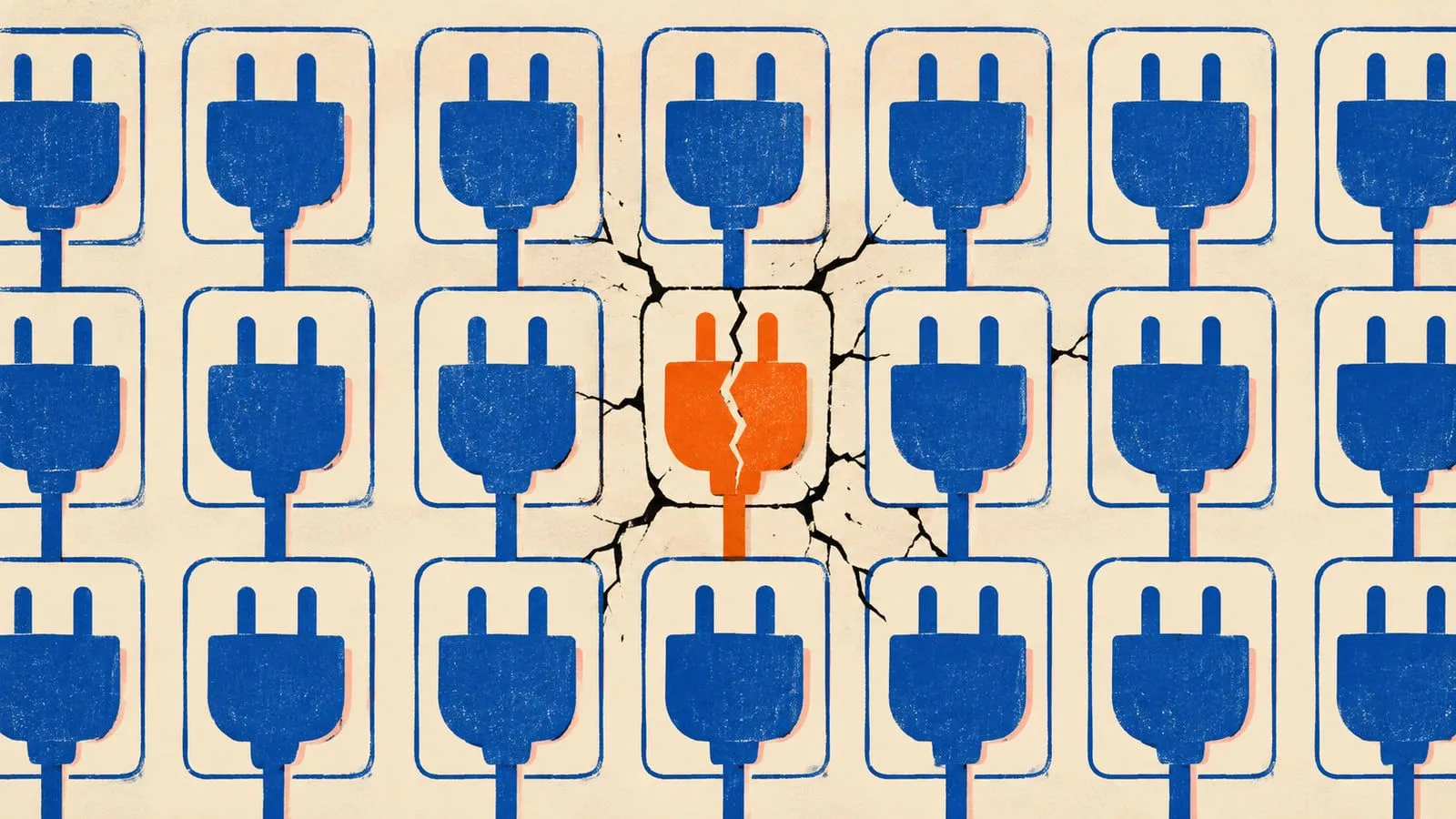Risograph grid of blue plugs with one cracked orange plug spreading damage, showing how one weak add-on exposes a site